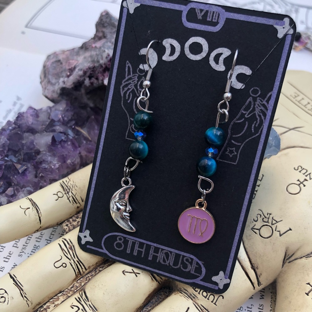Virgo Zodiac Sign Dangle Earrings - with Blue Tiger Eye Gemstone beads